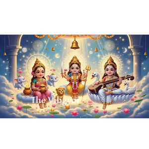 May include: Digital illustration of three Hindu goddesses. Lakshmi is seated on a cloud with elephants, holding a pot of gold. Durga holds a sword and trident, with a lion. Saraswati plays a veena, seated on a lotus with swans. The text "The Vibgyor" is visible.