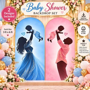 May include: A digital baby shower backdrop set featuring two arched panels, one blue and one pink. Each panel displays a silhouette of a parent lifting a baby. The text reads Baby Shower BACKDROP SET, 2 Designs Included, and 3 ft x 6 ft.