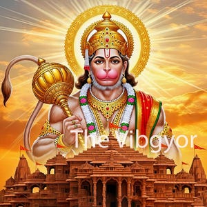 May include: Digital artwork of Hanuman, a Hindu deity, holding a golden mace. He is depicted with a monkey face, wearing a jeweled crown and necklace, and a red and gold garment. The background features a temple and a radiant sky.