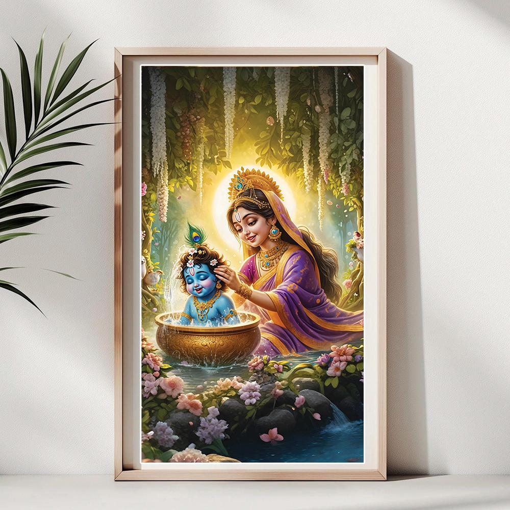 ヤショーダの水浴びクリシュナアート：ヒンドゥー教の神々の室内装飾