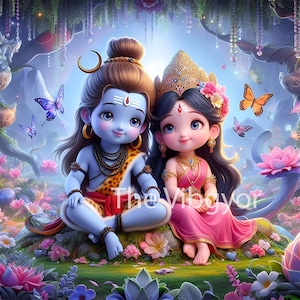 Lindo Señor Shiva y Diosa Parvati para niños pequeños / Arte digital de dios hindú / Decoración de pared para guardería / Arte espiritual imprimible / Descarga digital
