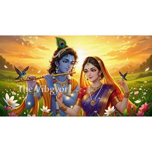 Arte digital del amor divino de Radha Krishna / Radha Krishna / Escena de atardecer de ensueño / Dios y diosa hindúes imprimibles / Impresión digital de Krishna