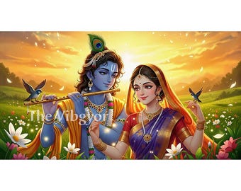 Radha Krishna Divine Love Digital Art | Radha Krishna | Dreamy Sunset Scene | Hindu God & Goddess Printable  | Digital Print of Krishna