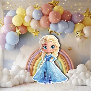 May include: A cartoon cutout of a princess in a blue dress, standing in front of a rainbow and balloons. The balloons are in pastel colors, with gold star accents. White cloud decorations are on the floor.