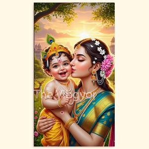 Maa Yashoda And Cute Krishna | Mother Yashoda loving baby Krishna | Mother Child Love |  High-Resolution Print