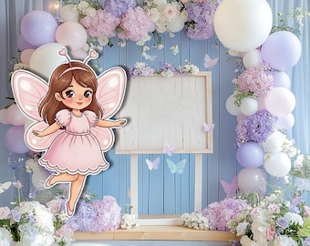 May include: A whimsical party backdrop featuring a cartoon fairy in a pink dress with butterfly wings. The scene includes pastel balloons, floral arrangements in shades of purple and white, and decorative butterflies.