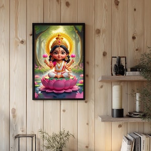 May include: Framed artwork featuring a cartoon depiction of a deity seated on a pink lotus flower. The deity wears a crown and holds pink flowers, set against a backdrop of a forest and water. The artwork is framed in black.