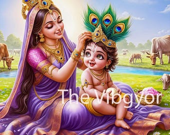 Maa Yashoda and Cute Krishna | Mother&#39;s Love | Event Decoration Art | Wall Decor Art |Digital Download