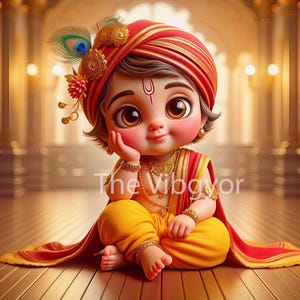 Puede incluir: Imagen digital de una figura sonriente de estilo caricatura con vestimenta tradicional india. La figura lleva un turbante rojo con detalles dorados y una pluma de pavo real, un atuendo amarillo y joyas doradas. El texto "The Vibgyor" es visible.