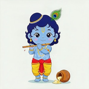 May include: A cartoon illustration of a blue-skinned figure playing a flute. The figure wears a yellow and red outfit, a peacock feather, and a gold crown. A clay pot with butter is on the ground.