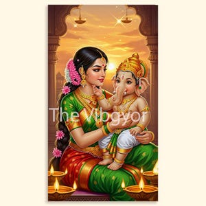 Devi Parvati and Baby Ganesha Art Print: High-Resolution Indian Wall Decor (Digital Download)