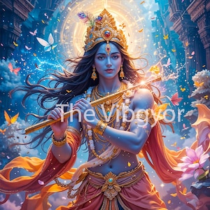Könnte beinhalten: Eine farbenfrohe Illustration einer hinduistischen Gottheit, die Flöte spielt. Die Gottheit ist mit einer goldenen Krone, Schmuck und einem fließenden blauen Gewand geschmückt. Der Hintergrund zeigt einen blauen Himmel mit weißen Wolken und Schmetterlingen.
