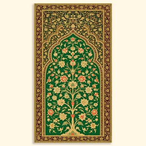 May include: An ornate rectangular artwork with a central green tree design adorned with orange and yellow flowers. The tree is set against a green backdrop within an arched frame. The border is a deep red with gold detailing.