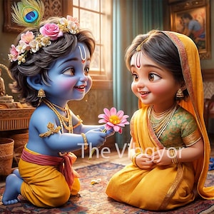 Charming Krishna & Radha | Hindu God Digital Art | Toddler Cute Krishna| ceremony Decor art | Digital Download