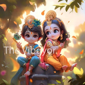 Cute Radha and Krishna | Digital Art for Home Decor | Hindu God Divine Love | Gifts & Decoration | Instant Download