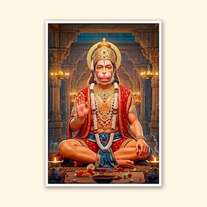 Könnte beinhalten: Eine lebendige Illustration von Hanuman, einer hinduistischen Gottheit, in meditativer Pose. Er ist mit einer goldenen Krone, Schmuck und einem roten Gewand geschmückt. Der Hintergrund zeigt einen verzierten Tempel mit brennenden Kerzen und aufwendigen architektonischen Details.