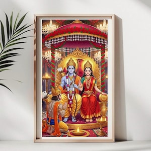 May include: A framed digital illustration depicting a seated couple in traditional Indian attire, adorned with gold jewelry and crowns. The background features ornate decorations, including a red canopy and chandeliers. A figure kneels in reverence before them.