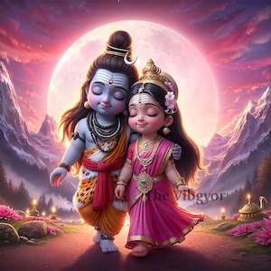 May include: Digital illustration of two cartoon figures, a male and female, walking together. The male figure is wearing orange and leopard print clothing, while the female figure is wearing a pink sari. The background features a full moon, mountains, and a pink and purple sky.