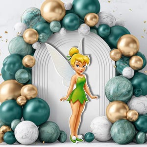 May include: A decorative arrangement featuring a cutout of Tinkerbell in a green dress, set against a backdrop of teal, gold, and marble-textured balloons. The balloons are arranged in an arch shape, with a white archway behind Tinkerbell.
