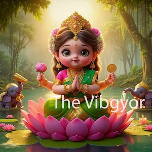 Cute Goddess Lakshmi | Hindu Goddess on Lotus | Devi Lakshmi Maa | Prosperity and Well Being | Digital Download Image