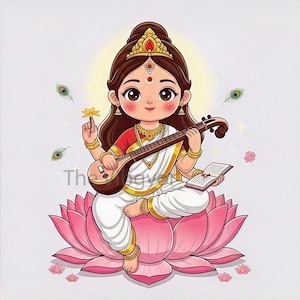 May include: A cartoon illustration of a deity, seated on a pink lotus flower, playing a stringed instrument. The deity wears a red and white sari, gold jewelry, and a jeweled crown. The background is white with decorative elements.