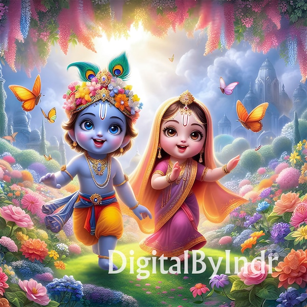 Divine Love: Adorable Lord Krishna and Radha Little Characters Digital Wall Art Print | Hindu Deity Home Decor