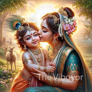 Herzerwärmende Lord Krishna und Mutter Yashoda | Kleinkind Krishna Illustration | Hochauflösender Druck | Hindu Gott Wandkunst | Sofort Download