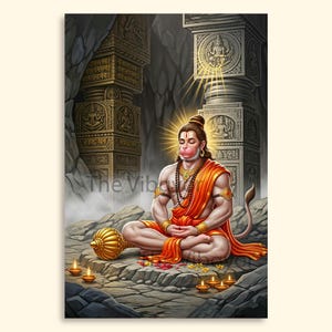 Lord Hanuman in Deep Meditation | Spiritual Wall Art | Himalayan Cave Digital Print | Hindu God Poster | Hanuman Meditation Artwork