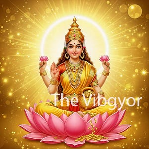 May include: Digital artwork depicting a seated deity in gold and yellow attire, holding lotus flowers and a pot of coins. The figure sits on a pink lotus, set against a radiant golden backdrop. The text "The Vibgyor" is displayed.