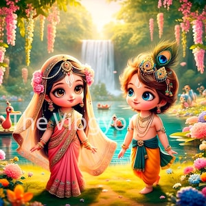 Toddler Radha and Krishna | Digital Art for Home Decor | Hindu God Divine Love | Gifts & Decoration | Instant Download