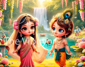 Toddler Radha Krishna Art: Hindu God Print, Divine Love (Digital Download)
