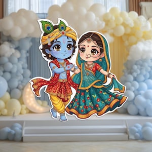 Puede incluir: Ilustración colorida de dos personajes de dibujos animados con vestimenta tradicional india. El personaje masculino tiene la piel azul y lleva un turbante amarillo con plumas de pavo real. El personaje femenino viste un vestido turquesa y rojo con detalles dorados.