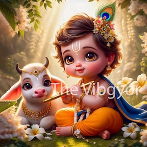 Little Lord Krishna with Baby Cow | Pixar-Style Digital Art | Hindu God Wall Art |  Printable | Flute Playing Krishna | Instant Download