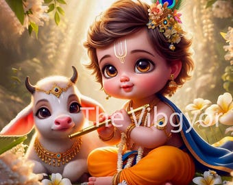 Little Krishna with Baby Cow: Pixar-Style Hindu God Art (Digital Download)