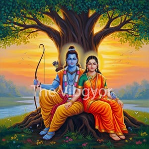 Puede incluir: Una vibrante pintura digital representa a dos figuras sentadas bajo un gran árbol. La figura masculina, sosteniendo un arco, viste ropa amarilla y naranja. La figura femenina lleva un sari naranja con detalles verdes. El fondo presenta una puesta de sol.