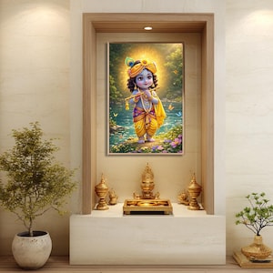 Lilla Krishna Ji | Bild på hinduisk gud | Utskrivbar HD-babyshowerposter (digital nedladdning)