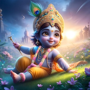 Heavenly Toddler Krishna: Divine Baby God Playing in Field Digital Art Print | Hindu Deity Nursery & Home Decor | Instant  Download