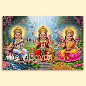 May include: A colourful artwork featuring three Hindu goddesses. Each figure wears elaborate gold crowns and jewellery, set in a vibrant, floral landscape. The central figure has multiple arms, while the others hold instruments and lotus flowers. Lions and elephants are also present.
