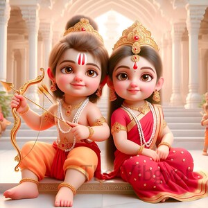 May include: A digital illustration of two cartoon figures, a boy and a girl, in traditional Indian dress. The boy holds a golden bow and arrows, while the girl wears a red sari and a jeweled crown. Both figures are adorned with gold jewellery and sit side-by-side.