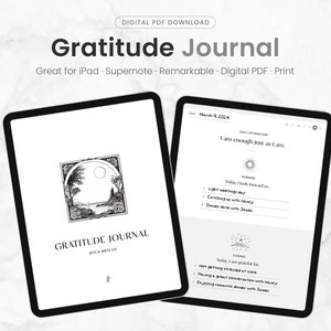 May include: A digital download of a gratitude journal for iPad, Supernote, and Remarkable devices. The journal features a black and white illustration of a moon and a tree on the cover. The text "Gratitude Journal" is printed in black on the cover.