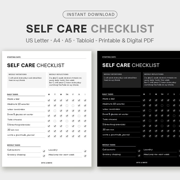 Minimal Self Care Checklist Printable, Aesthetic Self Care List PDF, Digital Self Care Journal, Self Care Routine, Daily Habit Tracker