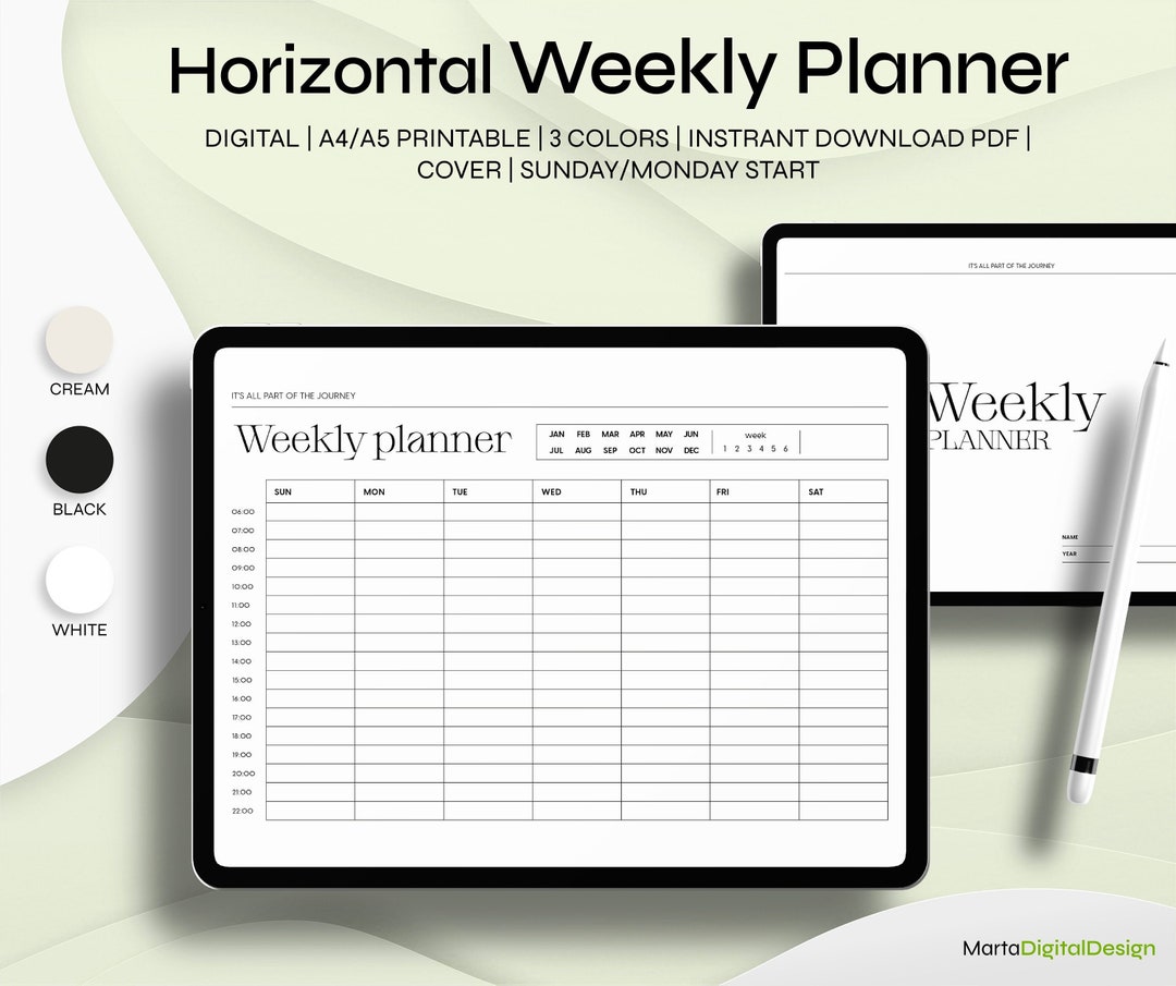 Horizontal Weekly Planner Sun/mon Start Digital Planner PDF Printable