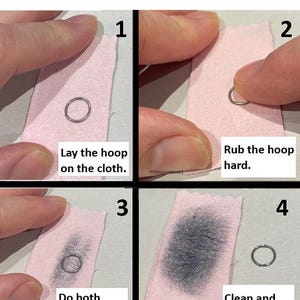 May include: A four-step instructional guide titled How to remove tarnish with the polishing cloth. It shows a silver hoop on a pink cloth, with text instructions: 1. Lay the hoop on the cloth. 2. Rub the hoop hard. 3. Do both sides. 4. Clean and shiny again!