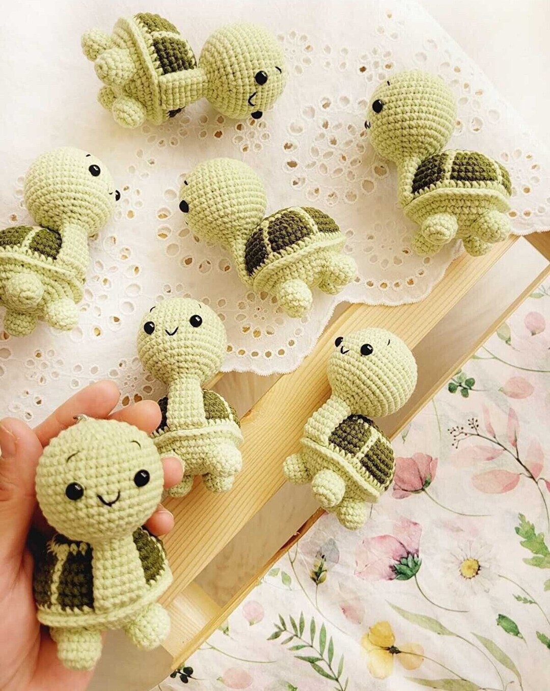 Smiling Turtle Crochet Keychain, Cute Baby Green Turtle Amigurumi ...