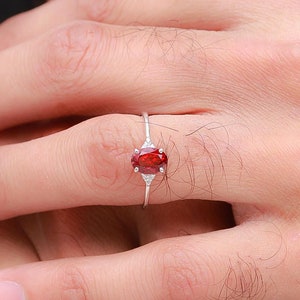 Red Garnet Dainty Silver Ring, Minimalist Wedding Ring, 925 Sterling Silver Band, Anniversary Gift For Wife, Garnet Silver Band For Women