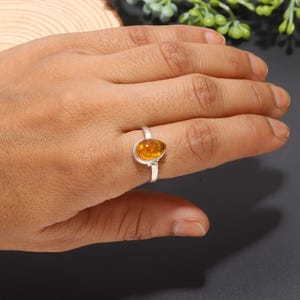 Amber Silver Ring | Oval Gemstone Ring | Handmade 925 Sterling Silver Jewelry | Boho Crystal Ring | Baltic Amber Gift for Her