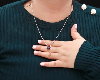 Handmade Amethyst Solitaire Necklace | Sterling Silver, February Birthstone