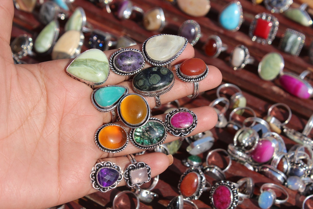 Hippie Rock Rings Mix Gemstone Rings Lot, 925 Sterling Silver Plated, Boho Hippie Rings ...