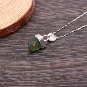 Raw Green Fluorite Silver Pendant Necklace | Natural Crystal Jewelry | Healing Chakra Stone Gift | Rough Gemstone Boho Necklace