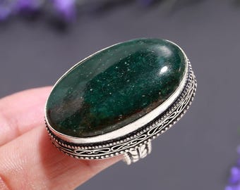 Handmade Green Jade Sterling Silver Plated Ring • Boho Statement Jewelry